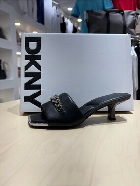 DKNY Black Slide Mule with Silver Chain Accent
